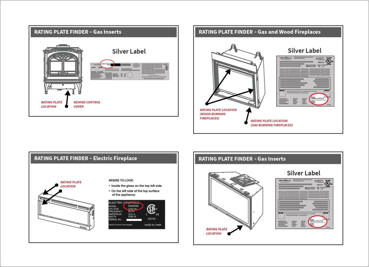 Various fireplace models that help point to where a possible serial or model number would be.